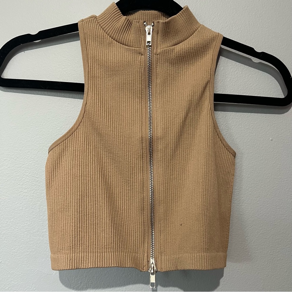 Tan/Camel Zip Up Sleeveless Crop Top